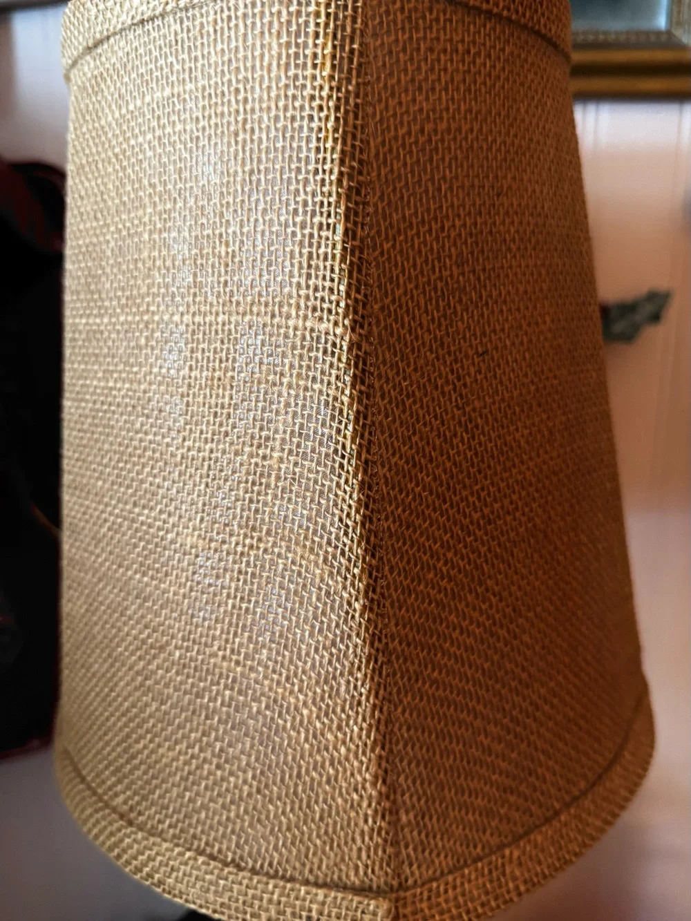 Vintage Oval Lined Burlap Washer Lampshade 8” Tall